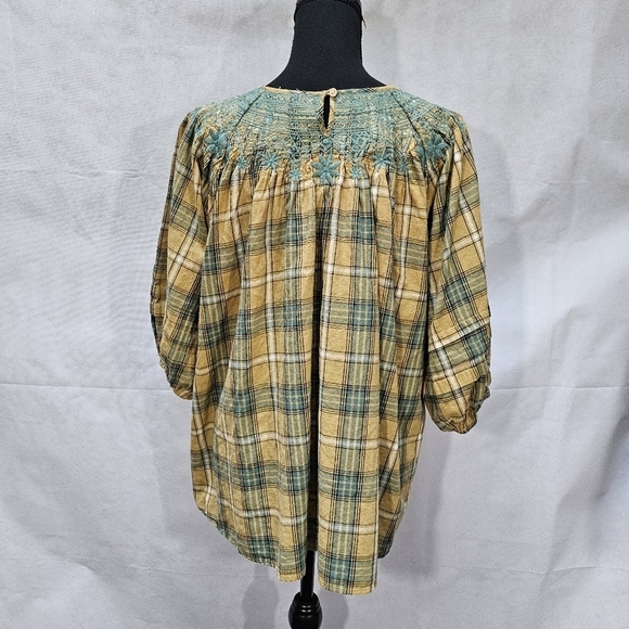 Easel Embroidered Floral & Plaid Oversized Top 100% Cotton Brown Teal Size S - Picture 4 of 8